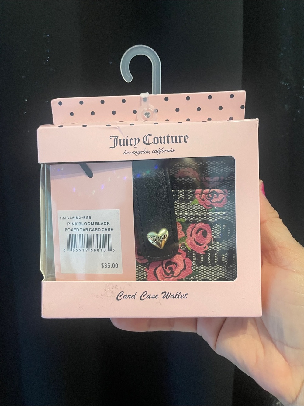 NWT in BOX $35 Juicy Couture Black Card Case with Pink Bloom Accents